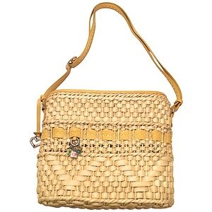 Brighton Carmella Straw Crossbody Yellow Leather Trim Medium Bucket Shoulder Bag